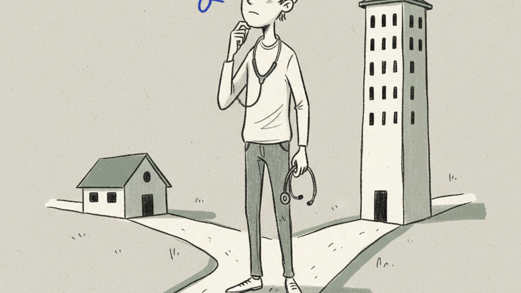 Hand-drawn illustration of a young doctor standing at a fork in a path, holding a stethoscope and thinking, with a small building on one side and a tall hospital tower on the other