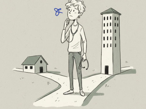 Hand-drawn illustration of a young doctor standing at a fork in a path, holding a stethoscope and thinking, with a small building on one side and a tall hospital tower on the other