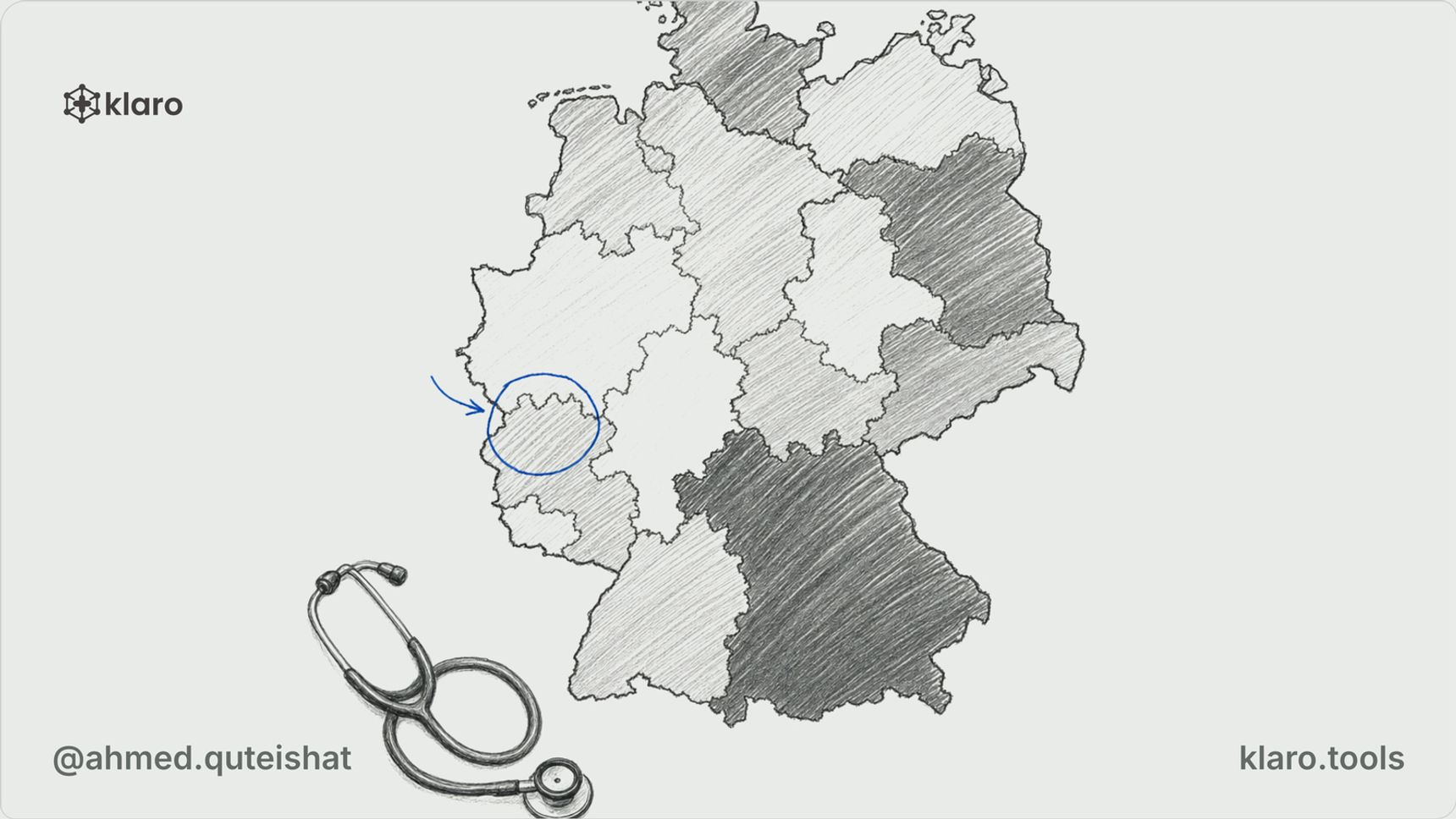 A wide illustration of a hand-drawn map of Germany with different regions shaded in varying pencil densities, suggesting uneven demand, with a small stethoscope resting in one corner.