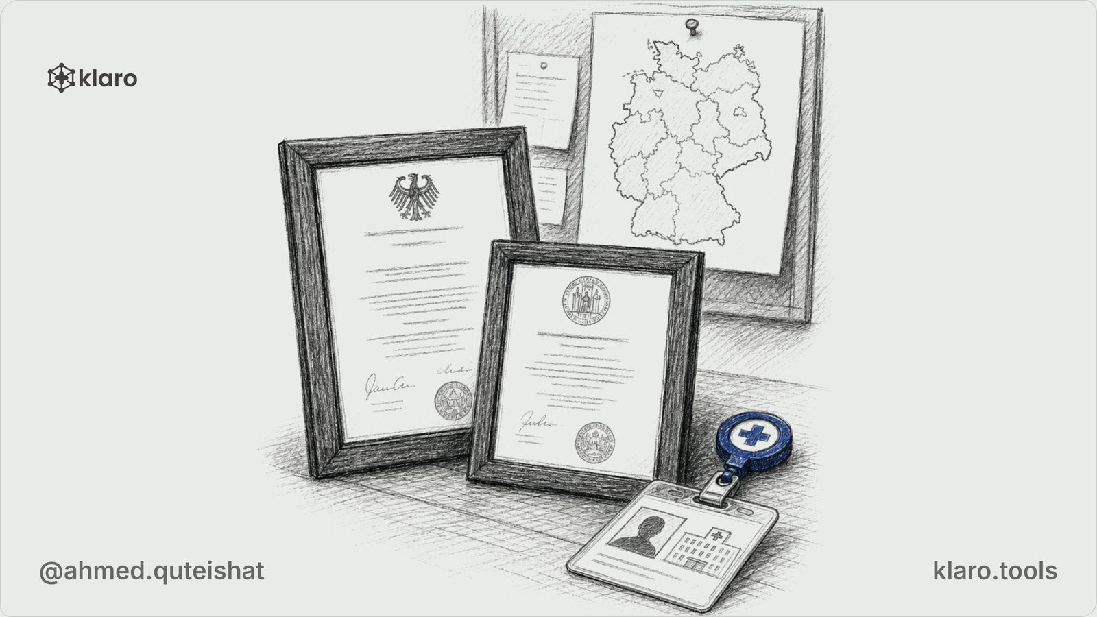 A foreign-trained doctor sits at a hospital desk in Germany with a medical diploma and a dental diploma placed side by side, while an MKG operating theatre glows through a glass corridor behind them.