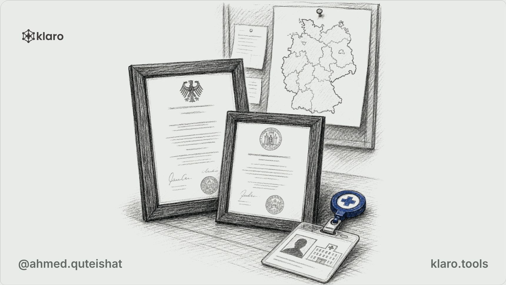 A foreign-trained doctor sits at a hospital desk in Germany with a medical diploma and a dental diploma placed side by side, while an MKG operating theatre glows through a glass corridor behind them.