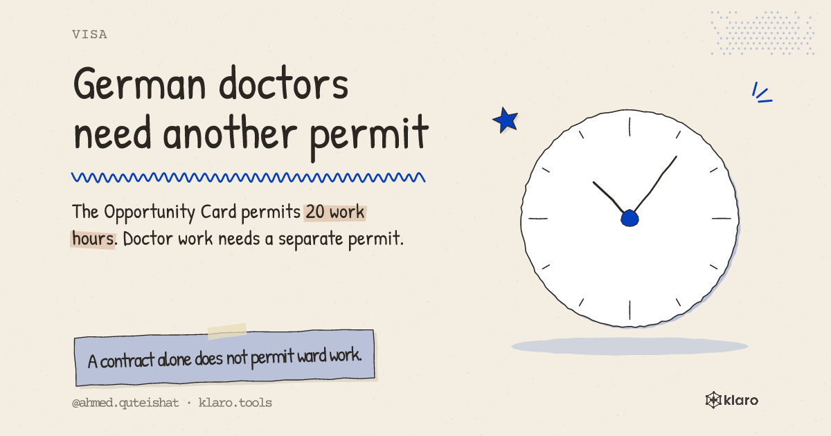 German doctors need another permit: The Opportunity Card permits 20 work hours. Doctor work needs a separate permit.