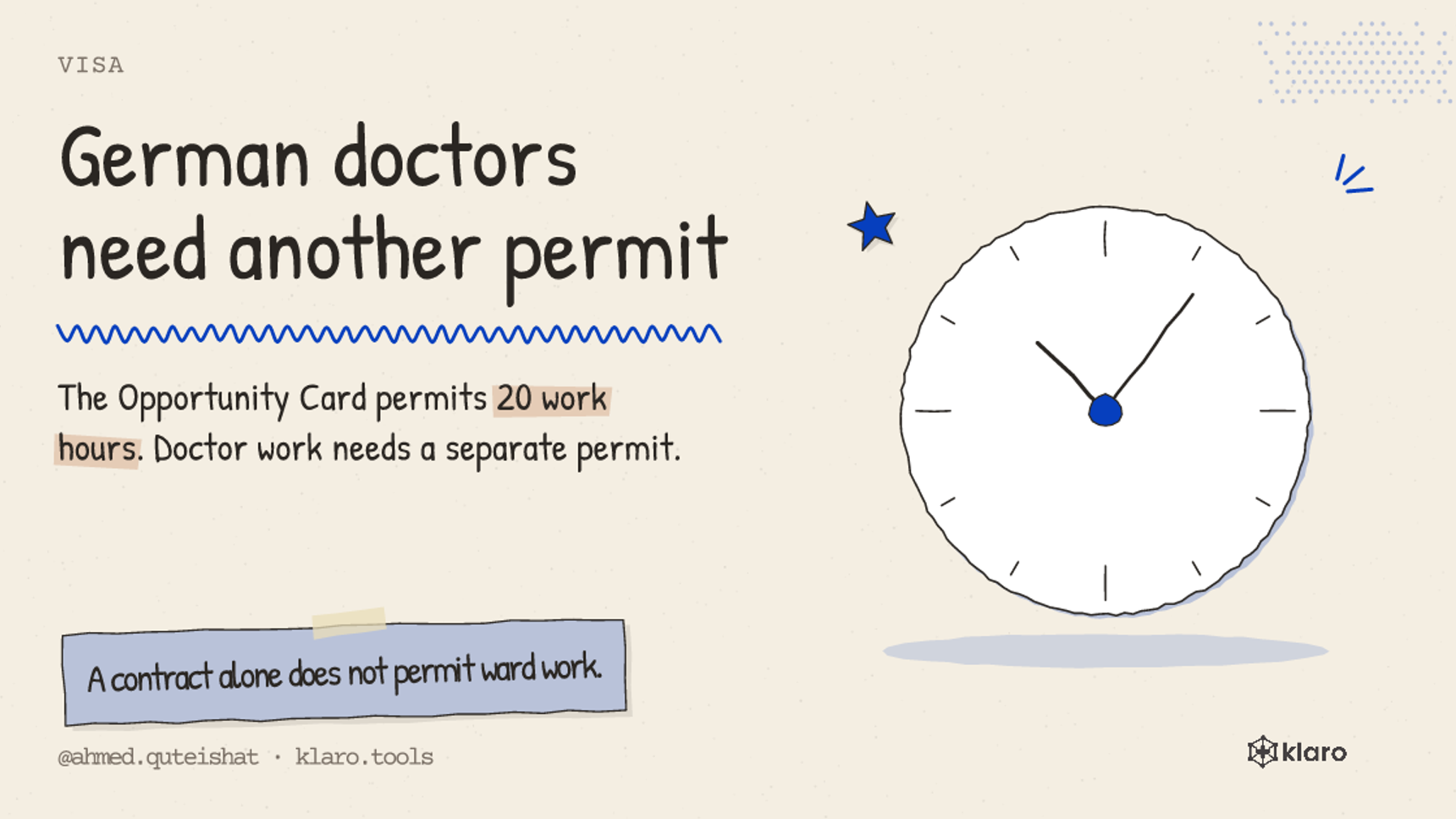 German doctors need another permit: The Opportunity Card permits 20 work hours. Doctor work needs a separate permit.
