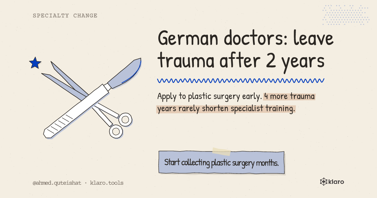 German doctors: leave trauma after 2 years: Apply to plastic surgery early. 4 more trauma years rarely shorten specialist training.