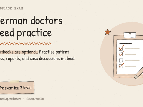 German doctors need practice: Textbooks are optional. Practise patient talks, reports, and case discussions instead.
