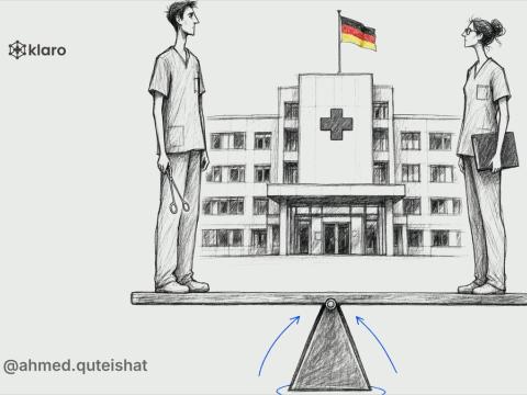 A wide illustration of a simple pay-scale ladder with two doctors of different specialties standing on the same rung, hand-drawn style, no text.