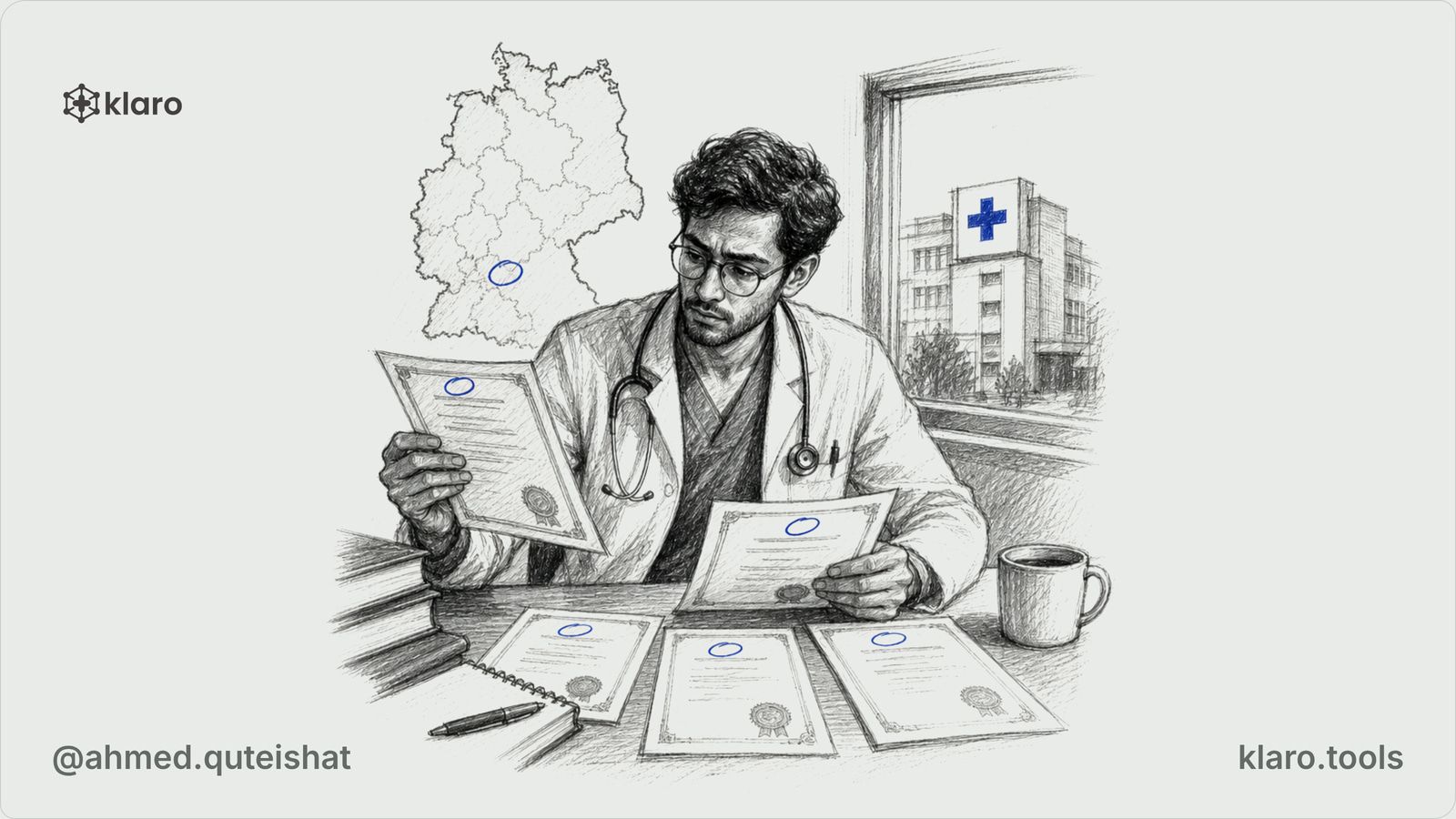 A junior doctor at a German hospital desk compares a general surgery certificate, a plastic surgery Logbuch, and a Landesärztekammer envelope, with an operating theatre corridor visible through the do