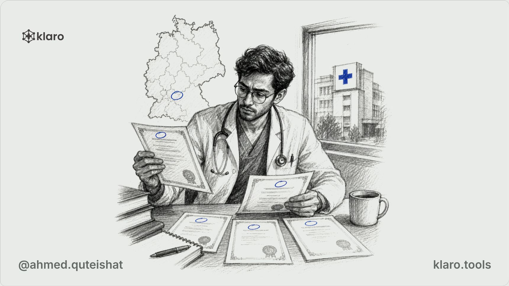 A junior doctor at a German hospital desk compares a general surgery certificate, a plastic surgery Logbuch, and a Landesärztekammer envelope, with an operating theatre corridor visible through the do