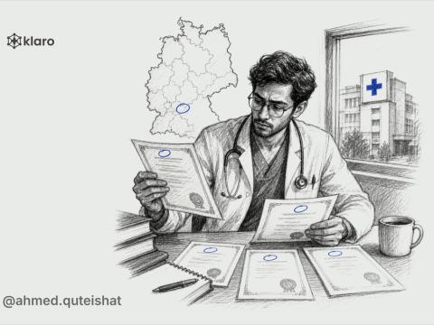 A junior doctor at a German hospital desk compares a general surgery certificate, a plastic surgery Logbuch, and a Landesärztekammer envelope, with an operating theatre corridor visible through the do