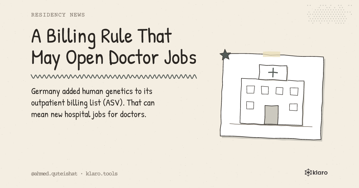 A Billing Rule That May Open Doctor Jobs: Germany added human genetics to its outpatient billing list (ASV). That can mean new hospital jobs for doctors.