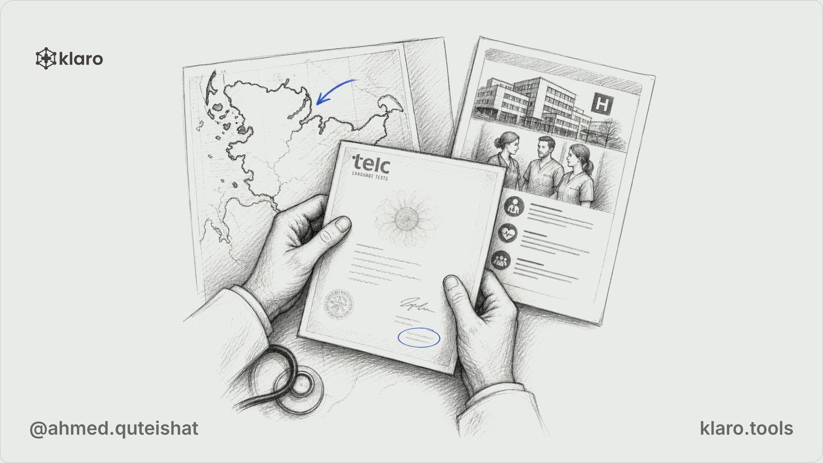 A foreign-trained doctor sits at a kitchen table between a Schleswig-Holstein map outline, a telc certificate envelope and three hospital job printouts from Kiel, Berlin and Bavaria, with a German hos