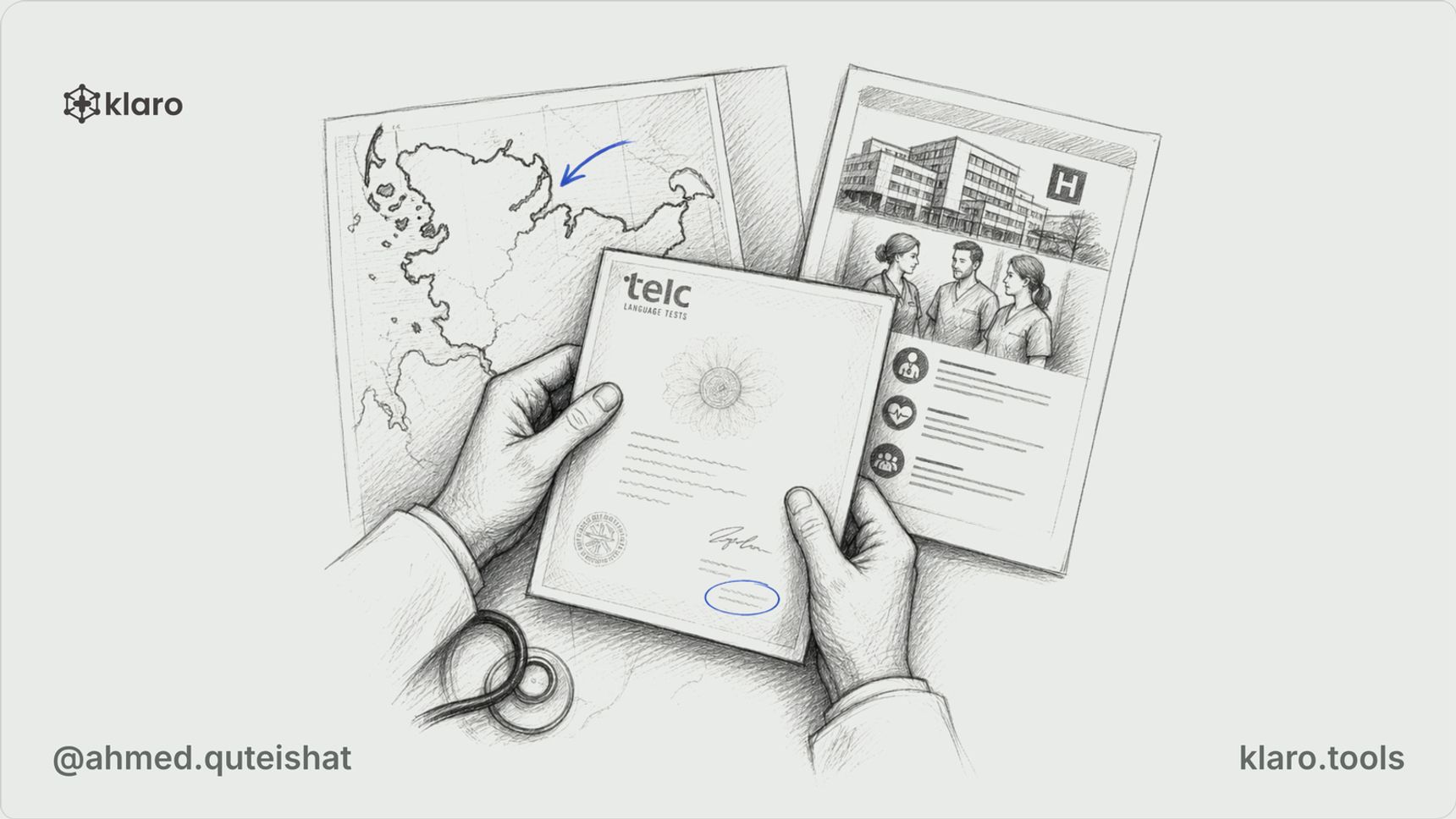 A foreign-trained doctor sits at a kitchen table between a Schleswig-Holstein map outline, a telc certificate envelope and three hospital job printouts from Kiel, Berlin and Bavaria, with a German hos