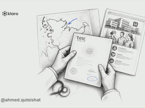A foreign-trained doctor sits at a kitchen table between a Schleswig-Holstein map outline, a telc certificate envelope and three hospital job printouts from Kiel, Berlin and Bavaria, with a German hos