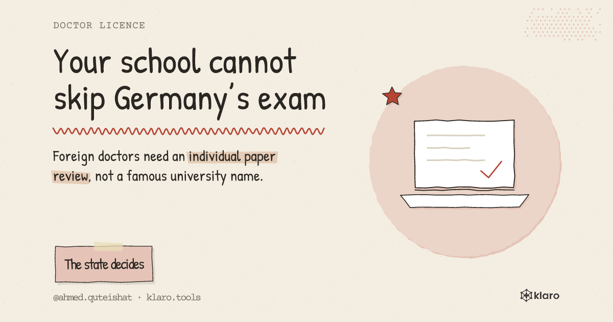Your school cannot skip Germany’s exam: Foreign doctors need an individual paper review, not a famous university name.