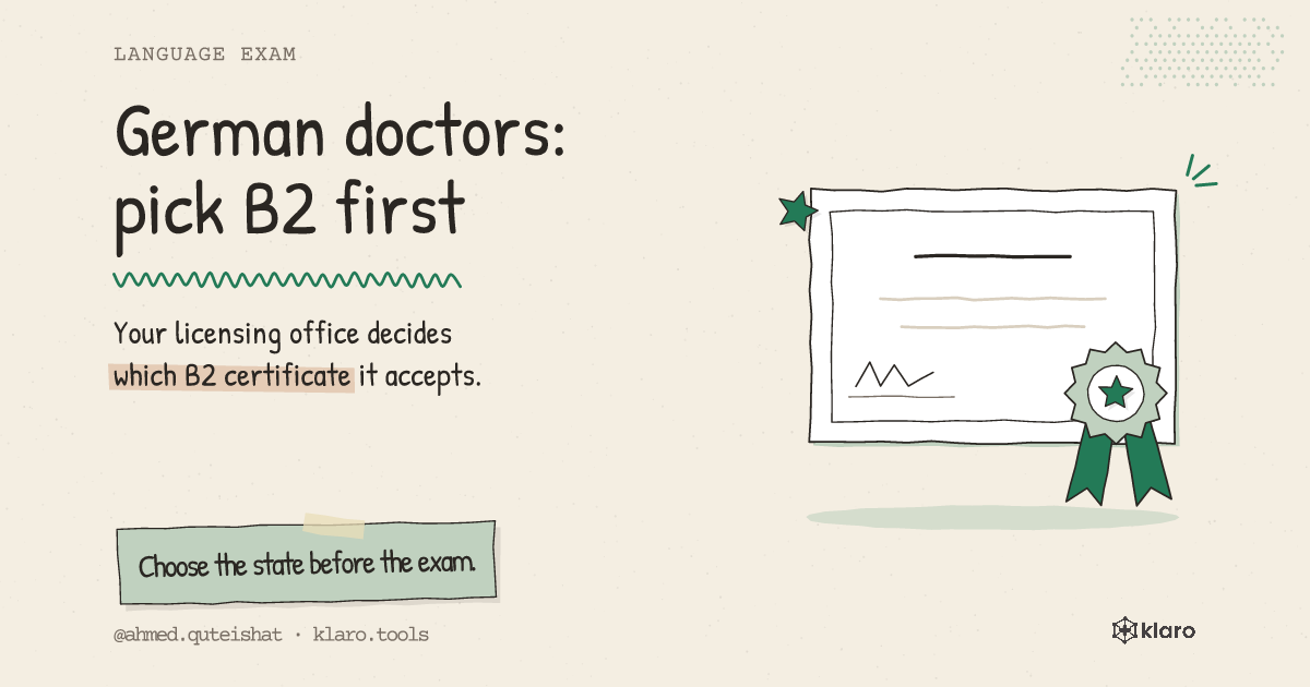 German doctors: pick B2 first: Your licensing office decides which B2 certificate it accepts.
