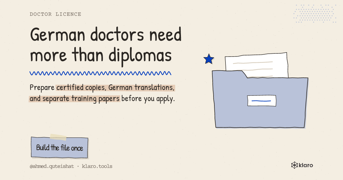 German doctors need more than diplomas: Prepare certified copies, German translations, and separate training papers before you apply.