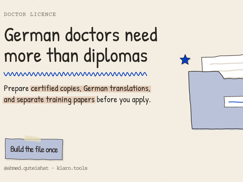 German doctors need more than diplomas: Prepare certified copies, German translations, and separate training papers before you apply.