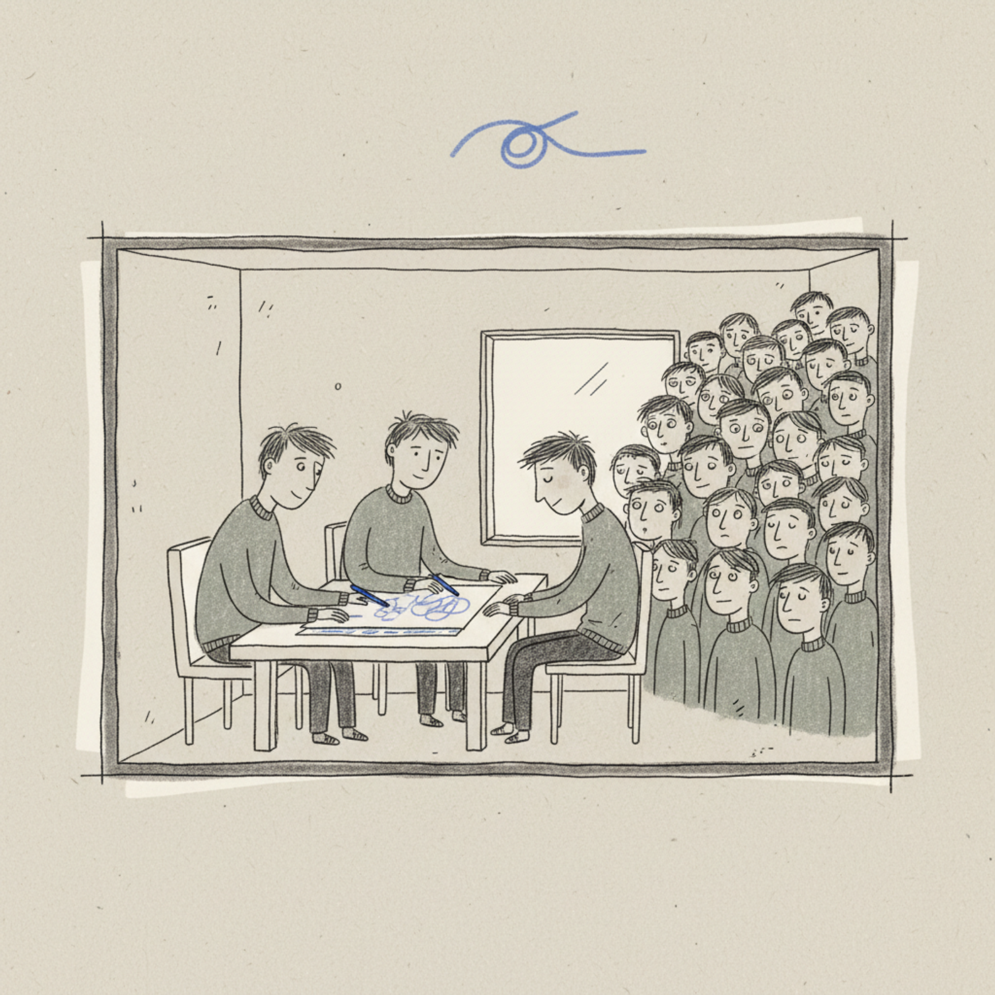 Hand-drawn illustration of a small room with only three doctors working inside while a large crowd of other doctors looks in through the window