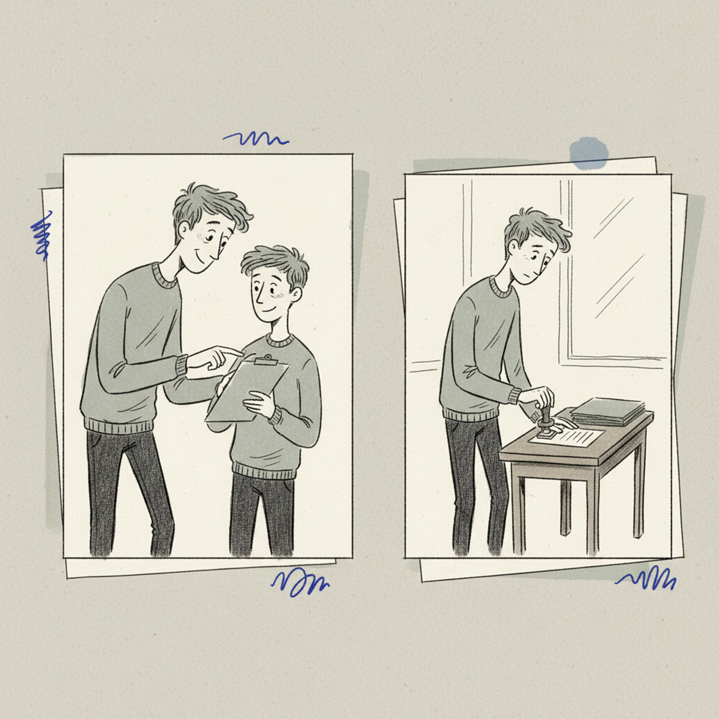 Hand-drawn illustration split into two scenes: a senior doctor showing a resident something on a clipboard, and a different resident alone at a desk stamping paperwork