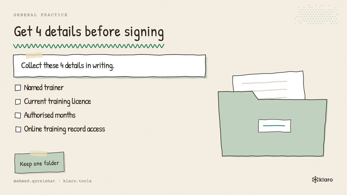 A checklist showing the trainer name, authorised months, workplace and online training record before signing a job.