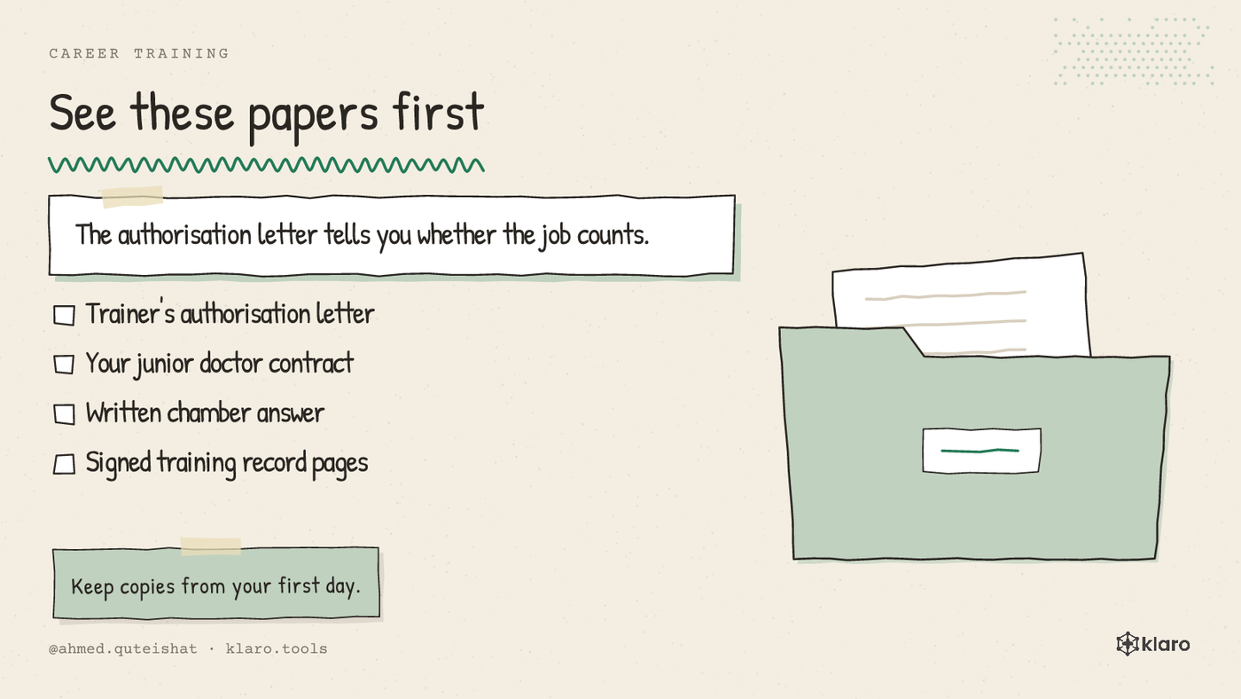 A checklist shows the 4 papers a doctor should see before accepting an outpatient training job.
