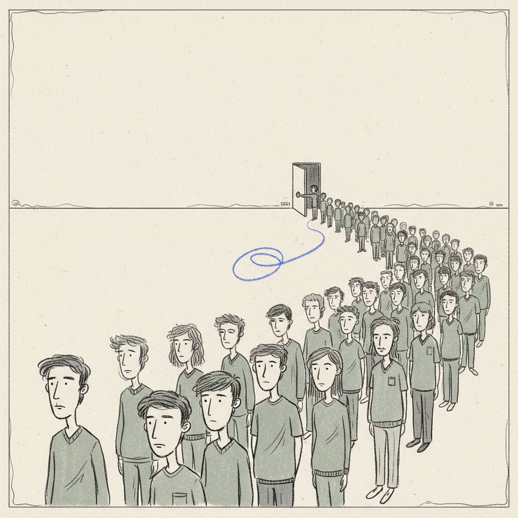 Hand-drawn illustration of a long queue of doctors waiting in front of one very small doorway set into a large wall