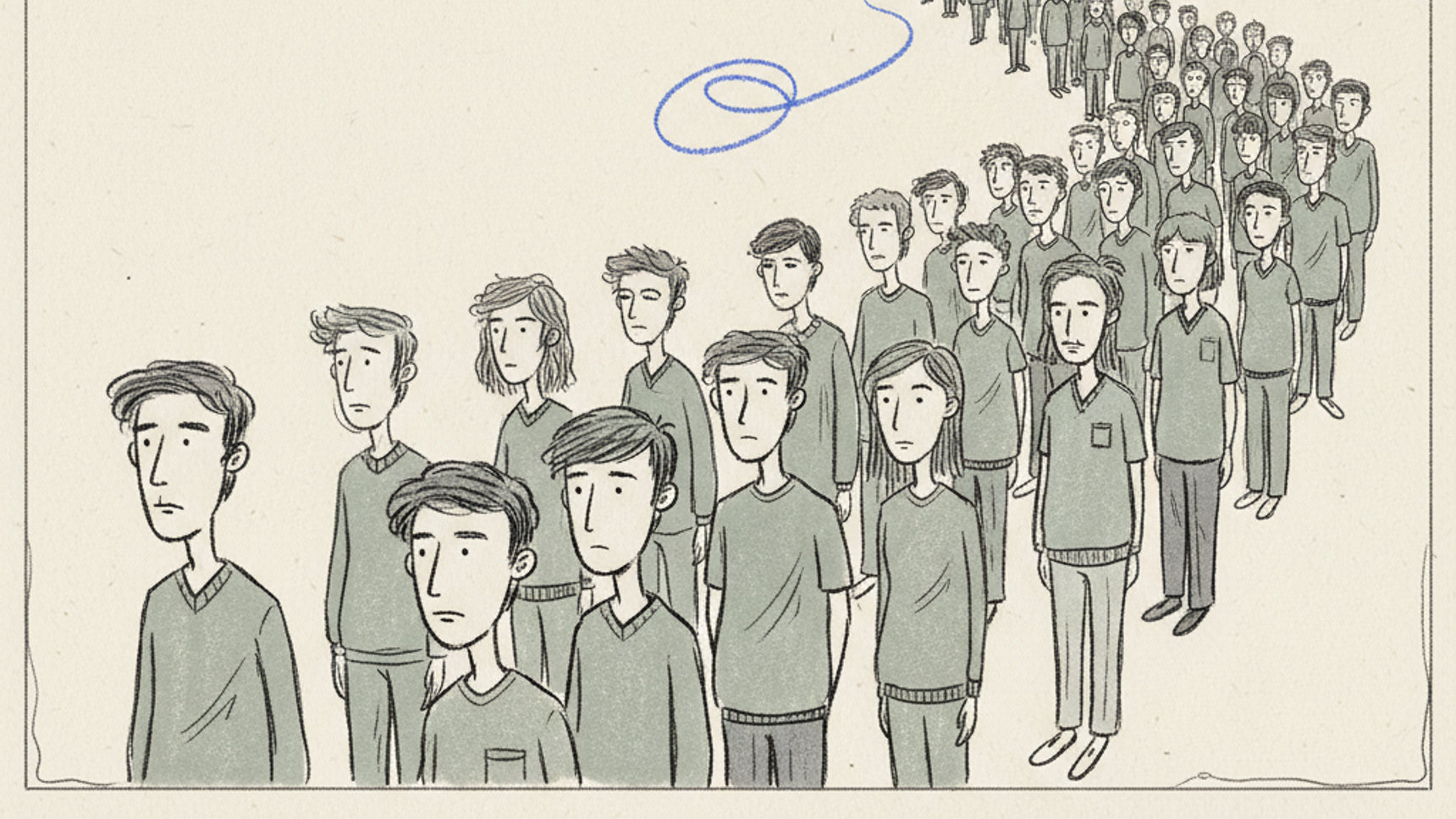 Hand-drawn illustration of a long queue of doctors waiting in front of one very small doorway set into a large wall