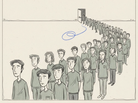 Hand-drawn illustration of a long queue of doctors waiting in front of one very small doorway set into a large wall