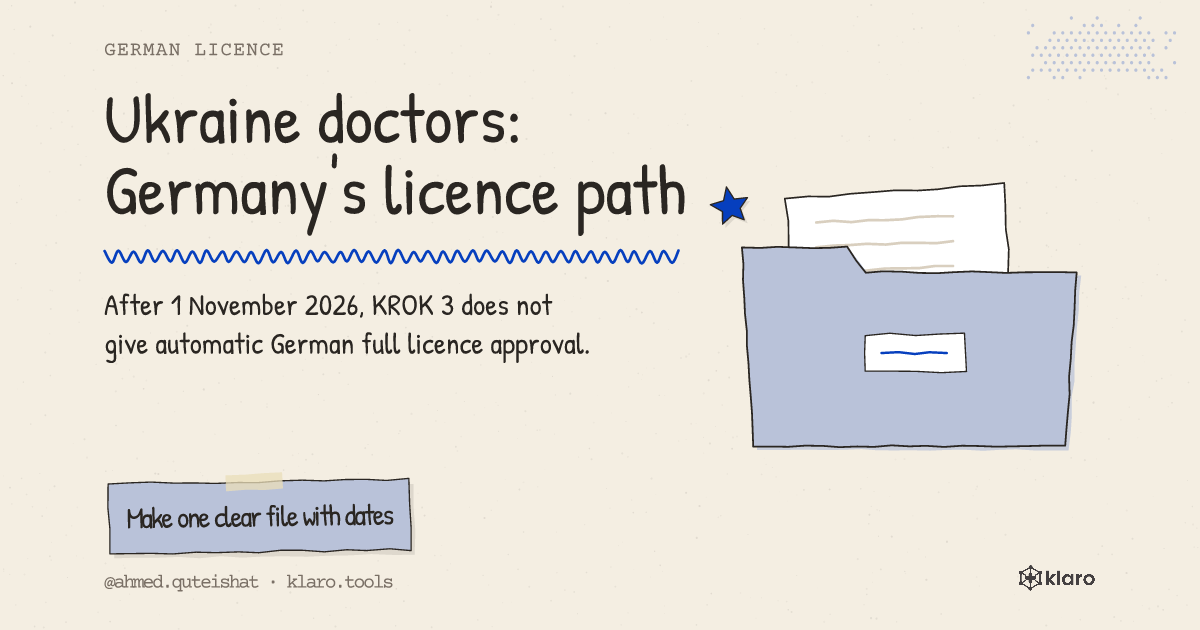 Ukraine doctors: Germany's licence path: After 1 November 2026, KROK 3 does not give automatic German full licence approval.