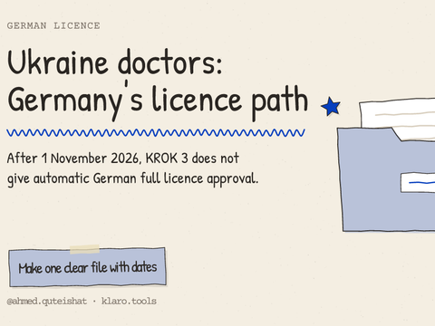 Ukraine doctors: Germany's licence path: After 1 November 2026, KROK 3 does not give automatic German full licence approval.