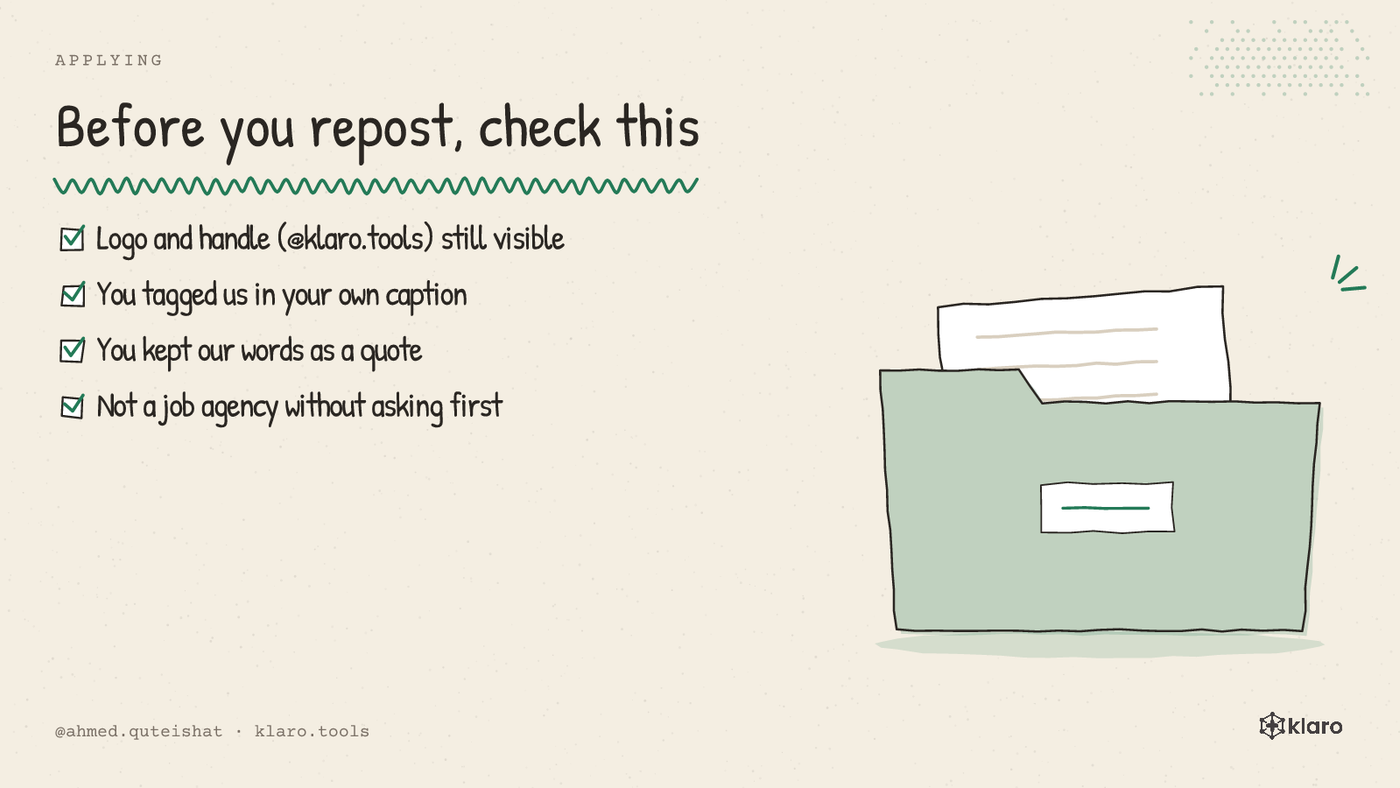 A checklist of 4 things to check before reposting a Klaro post