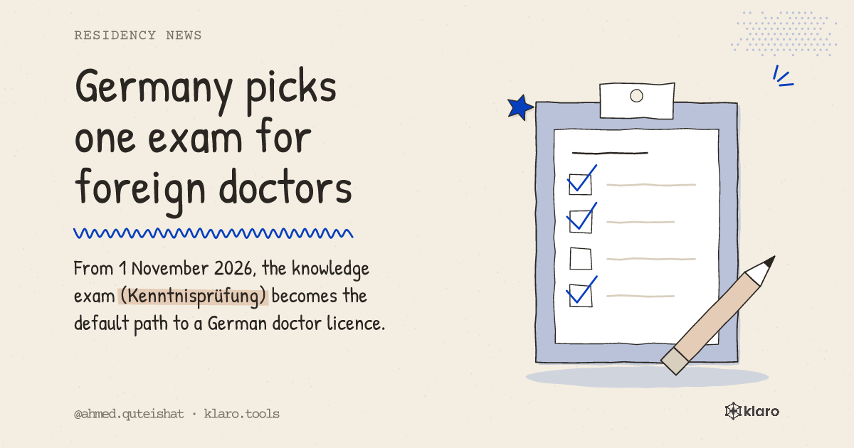 Germany picks one exam for foreign doctors: From 1 November 2026, the knowledge exam (Kenntnisprüfung) becomes the default path to a German doctor licence.