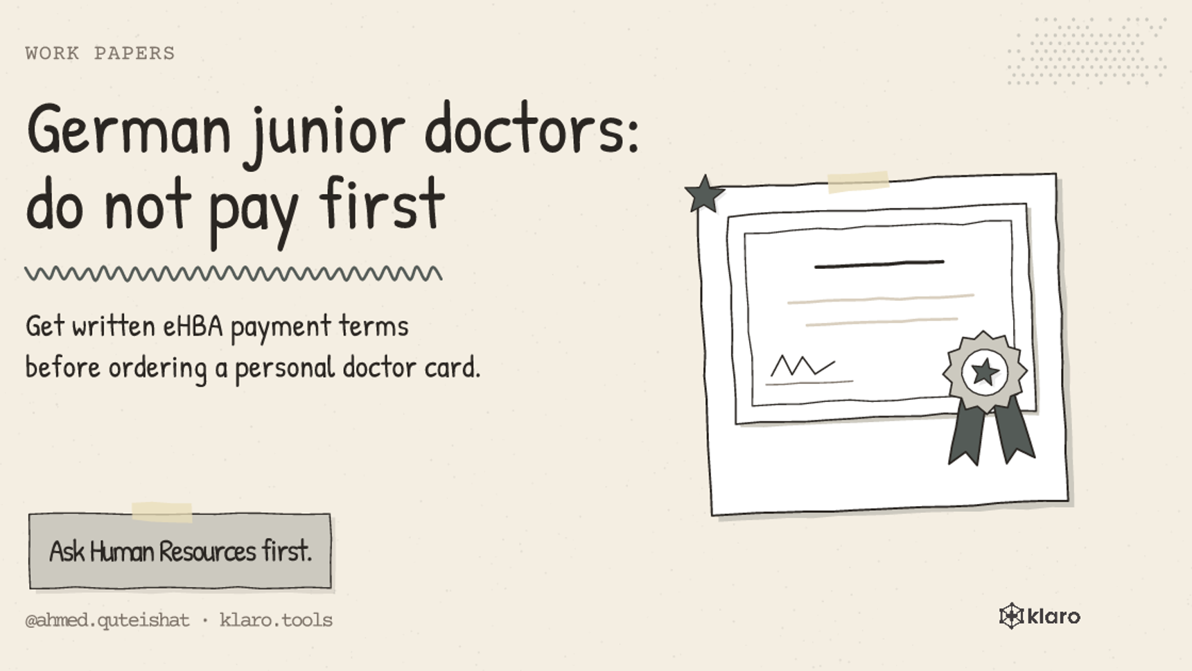 German junior doctors: do not pay first: Get written eHBA payment terms before ordering a personal doctor card.