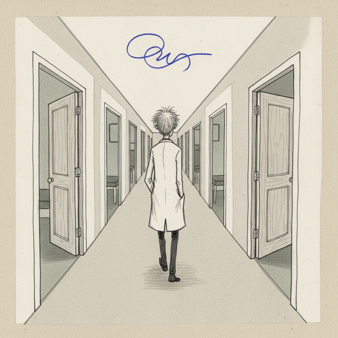 Hand-drawn illustration of a doctor walking down a long corridor lined with open doorways on both sides