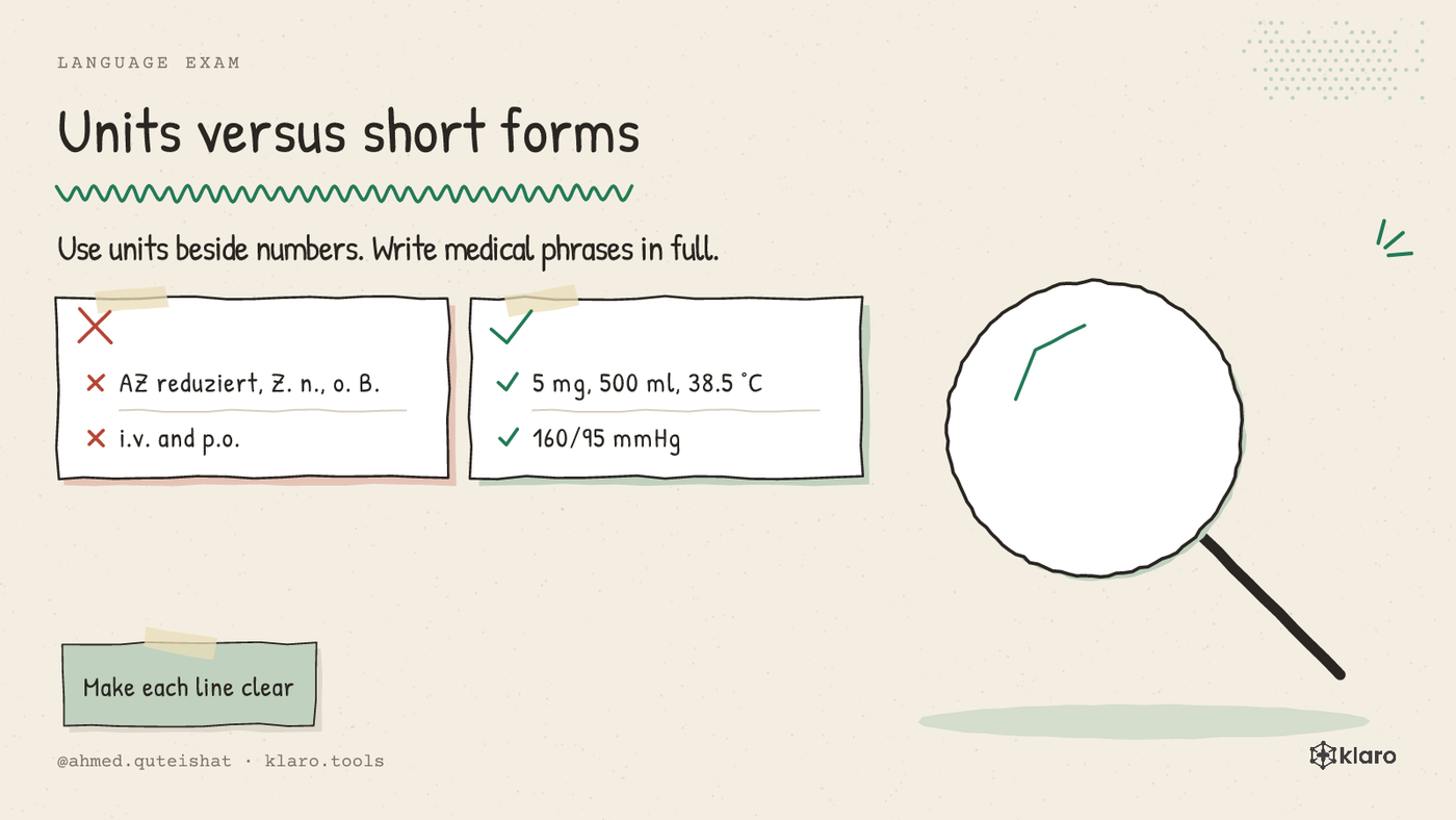 A list shows clear measurement units beside numbers and unclear medical short forms written out in full.