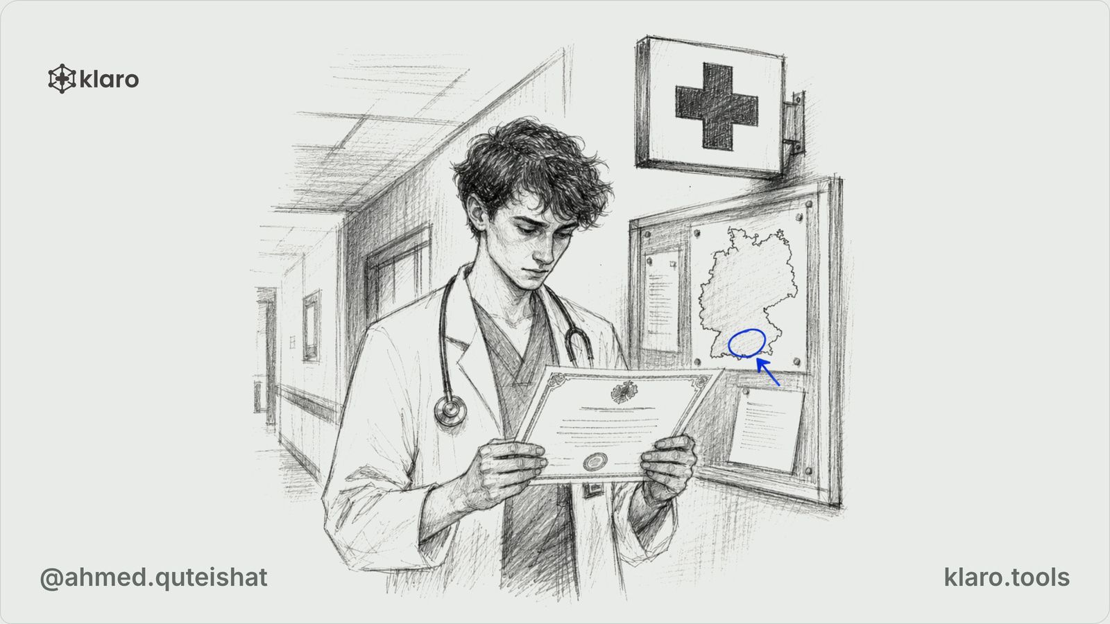 A junior doctor sits at a German hospital desk after evening rounds, comparing an open Logbuch with a signed training certificate beside a corridor door marked by a small clinic sign, with a subtle Mu