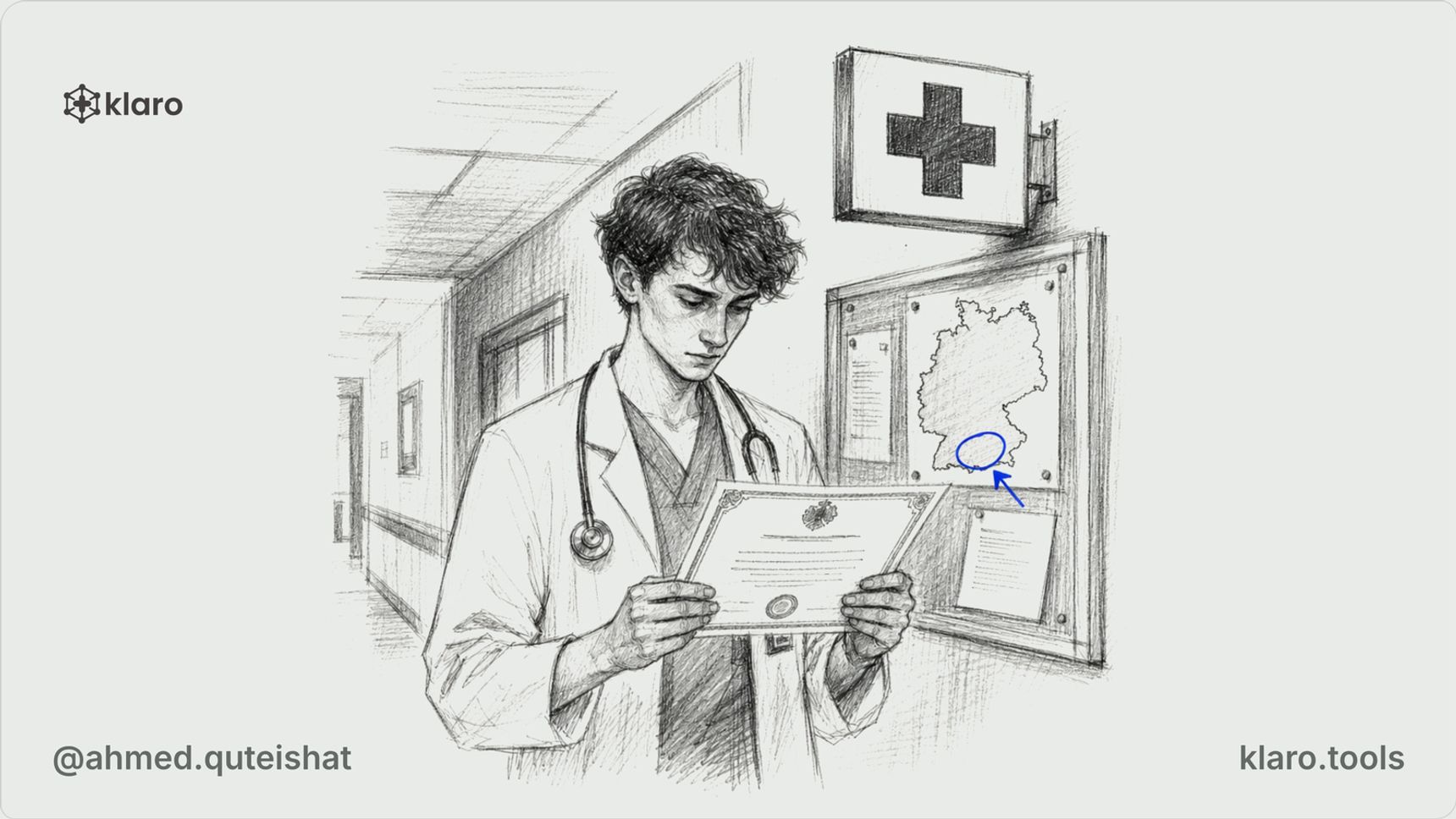A junior doctor sits at a German hospital desk after evening rounds, comparing an open Logbuch with a signed training certificate beside a corridor door marked by a small clinic sign, with a subtle Mu