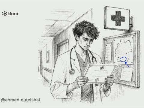 A junior doctor sits at a German hospital desk after evening rounds, comparing an open Logbuch with a signed training certificate beside a corridor door marked by a small clinic sign, with a subtle Mu