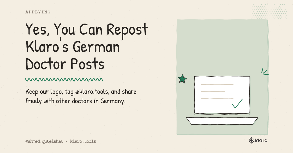 Yes, You Can Repost Klaro's German Doctor Posts: Keep our logo, tag @klaro.tools, and share freely with other doctors in Germany.