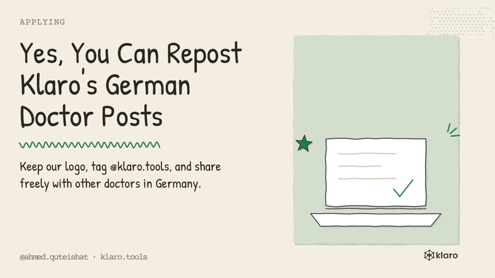 Yes, You Can Repost Klaro's German Doctor Posts: Keep our logo, tag @klaro.tools, and share freely with other doctors in Germany.