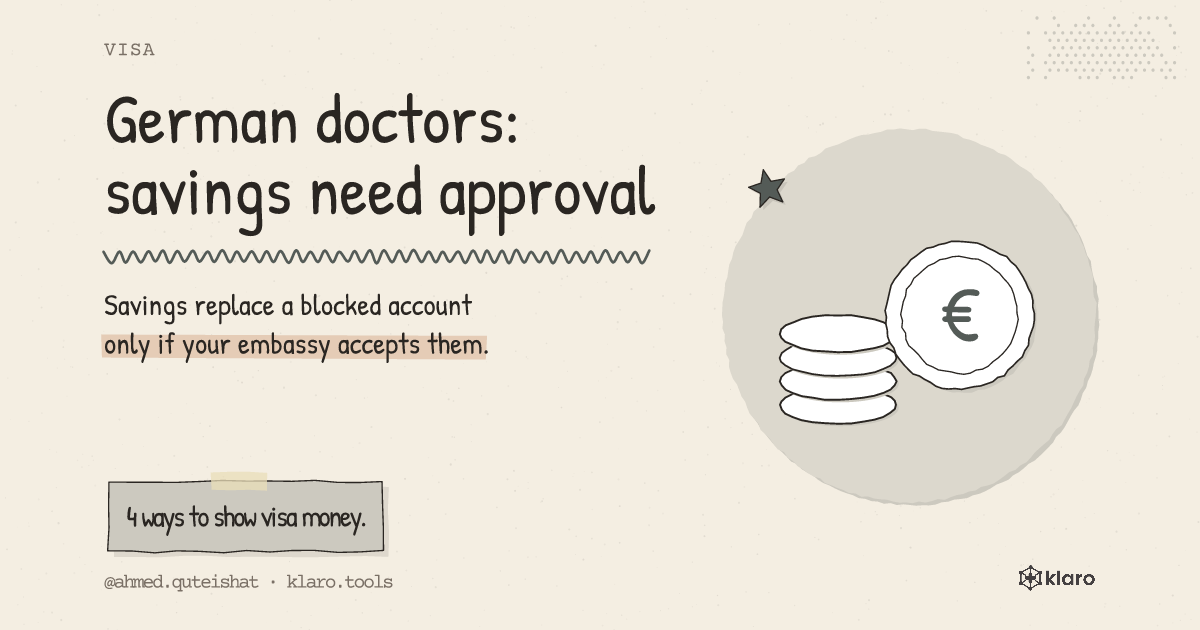 German doctors: savings need approval: Savings replace a blocked account only if your embassy accepts them.