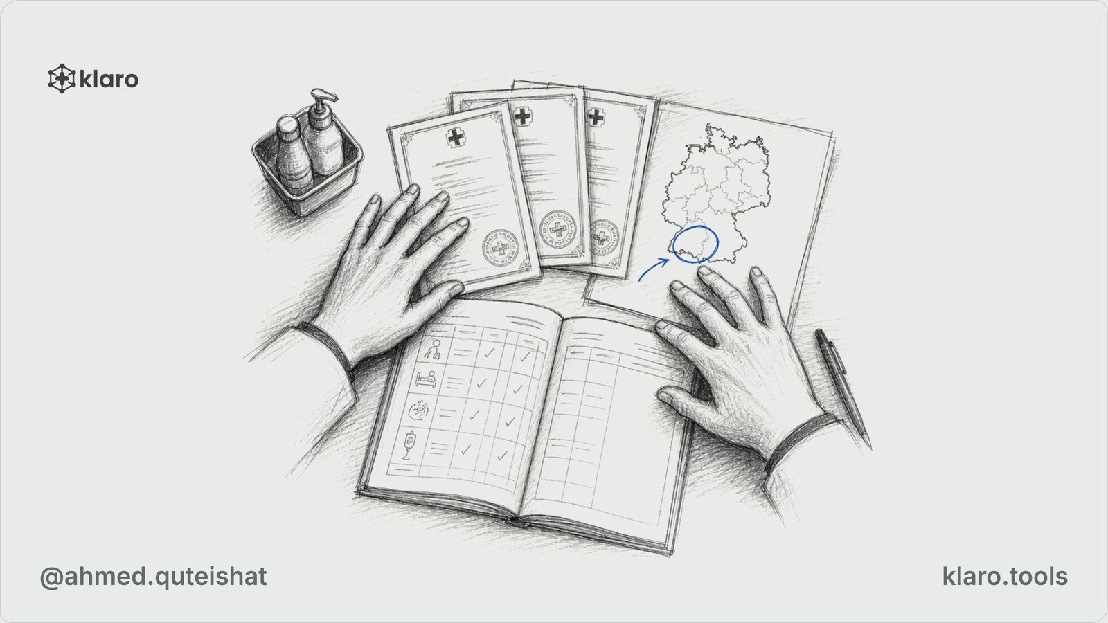 A foreign-trained doctor at a German hospital desk compares a stamped residency certificate, translated pages, and an open surgical Logbuch beside a Landesärztekammer envelope.