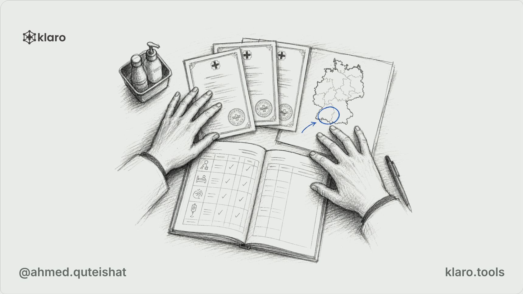 A foreign-trained doctor at a German hospital desk compares a stamped residency certificate, translated pages, and an open surgical Logbuch beside a Landesärztekammer envelope.