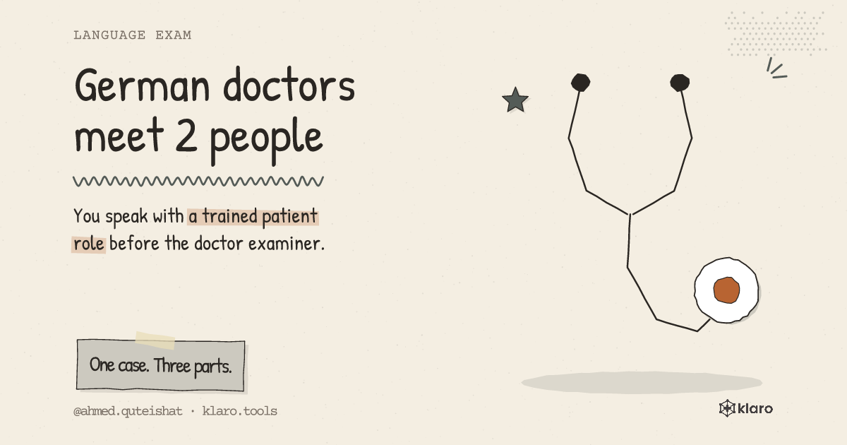 German doctors meet 2 people: You speak with a trained patient role before the doctor examiner.