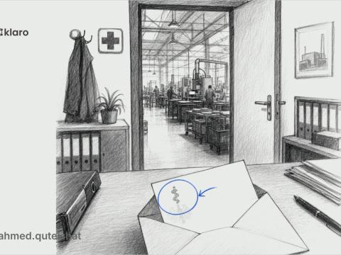 A wide charcoal pencil illustration of a doctor in a white coat standing at the entrance of a factory floor, a stethoscope tucked in one pocket, machinery visible in the soft background, one small Kla