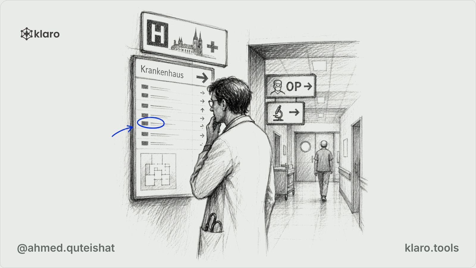 A junior doctor in a German hospital corridor holds two application folders, one marked by a dermatology clinic door and one leading toward a busy surgical ward, with a Dienstplan board blurred behind