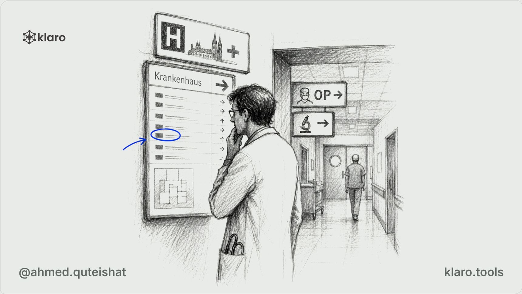 A junior doctor in a German hospital corridor holds two application folders, one marked by a dermatology clinic door and one leading toward a busy surgical ward, with a Dienstplan board blurred behind