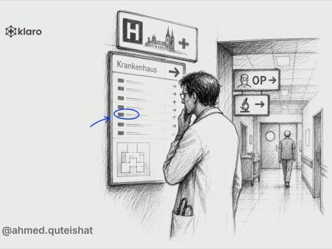 A junior doctor in a German hospital corridor holds two application folders, one marked by a dermatology clinic door and one leading toward a busy surgical ward, with a Dienstplan board blurred behind