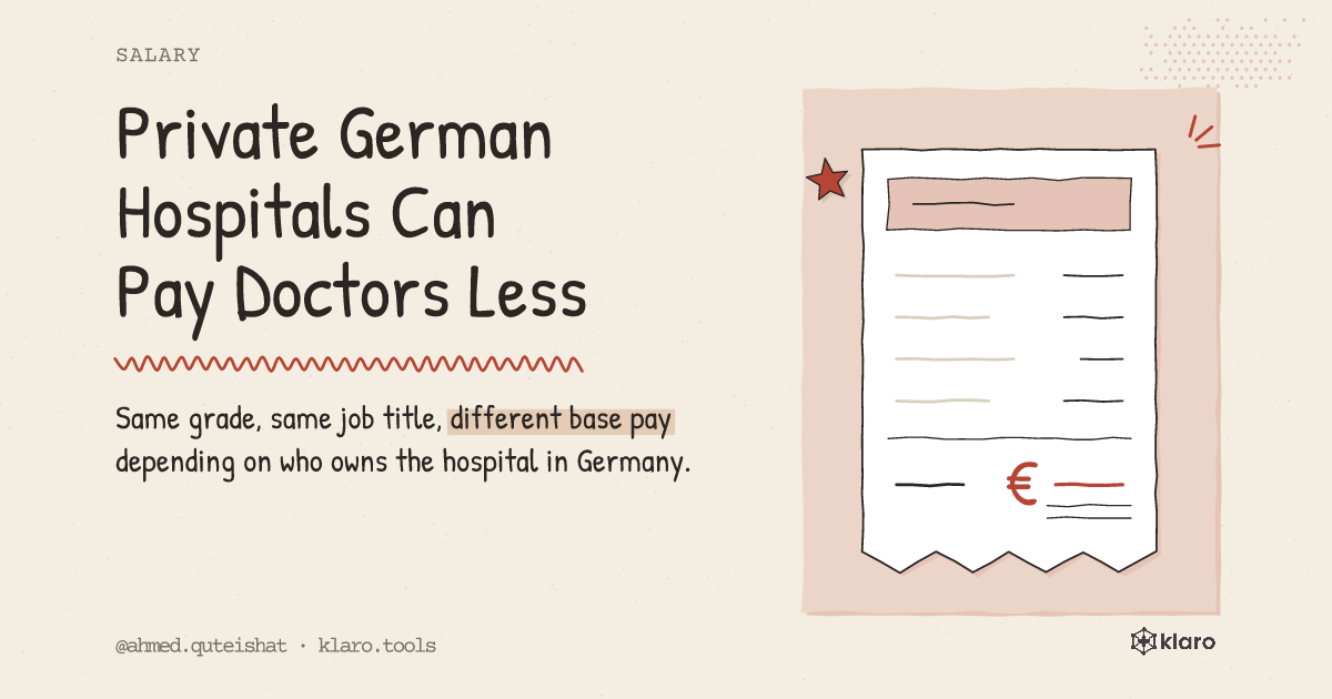Private German Hospitals Can Pay Doctors Less: Same grade, same job title, different base pay depending on who owns the hospital in Germany.