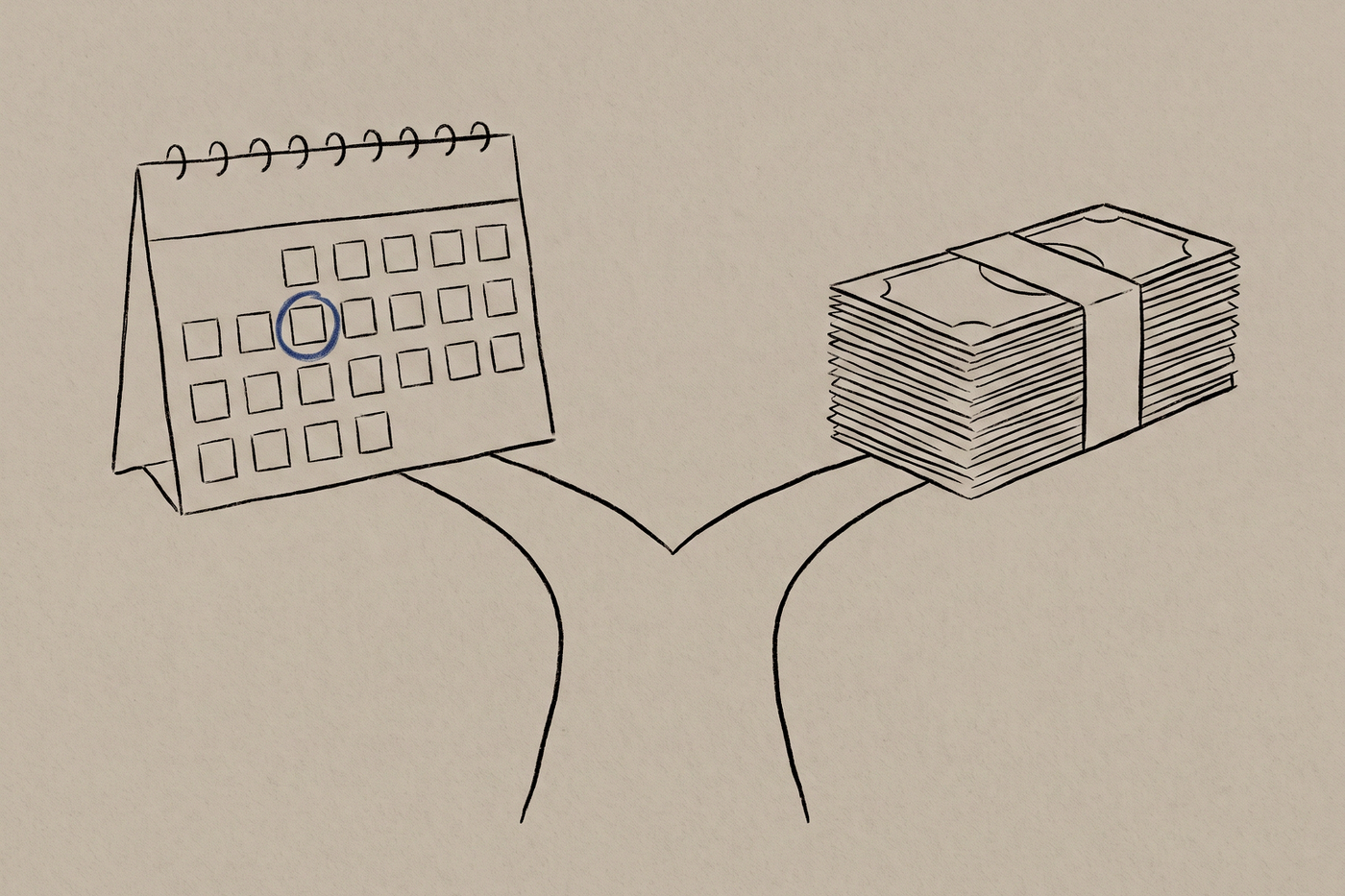Hand-drawn illustration of a path forking in two, with a wall calendar and one circled day on one branch and a small stack of banknotes on the other